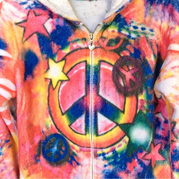 Justice Kids Rainbow Tie Dye Fleece Hoodie Sweatshirt Peace Stars Heart Zipper - Picture 3 of 14